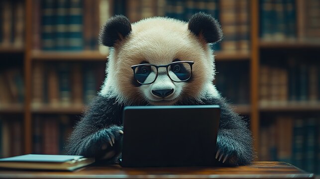a panda using a laptop and tablet in a library symbolizes data manipulation and analysis using the pandas python package