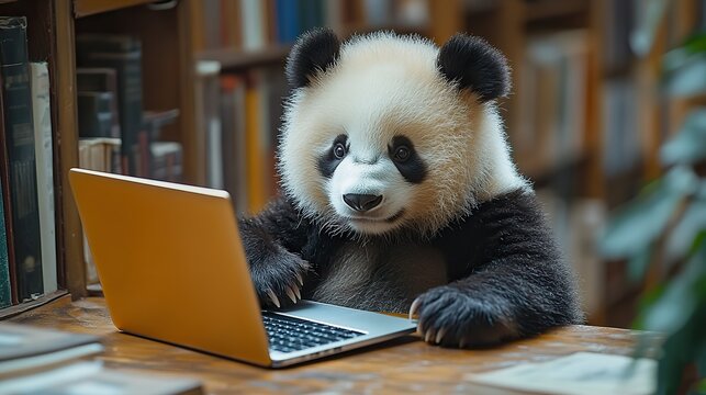 a panda using a laptop and tablet in a library symbolizes data manipulation and analysis using the pandas python package