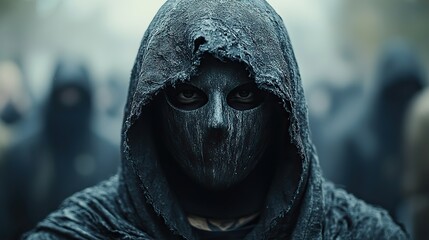 a person in a hooded garment wearing a half mask symbolizing the duality and complexity of self identity