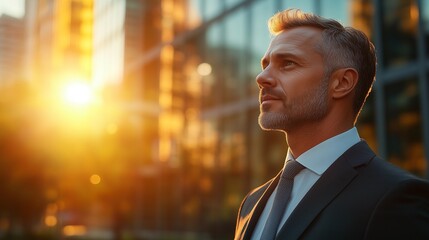 Side view of a professional businessman in a formal suit, captured in a modern corporate environment. High-resolution  photo ideal for business themes, leadership, and professional presentation.