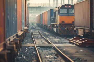 Obraz premium A freight train is actively being loaded with colorful containers at a busy railway station under a clear sky. Generative AI