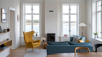 Yellow chair and blue sofa in room with fireplace. Scandinavian home interior design of modern living room in house by lake.