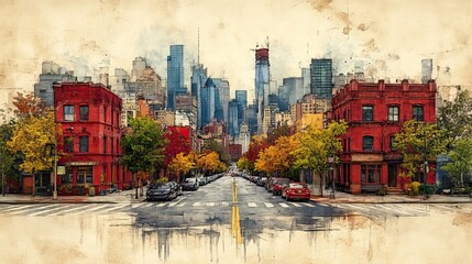 Naklejka premium an artistic conceptual sketch illustrating the development of an urban cityscape featuring a street lined with buildings representing architectural planning and urban growth