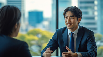 A Japanese businessman is having an interview with his prospective employee in the office of the city center