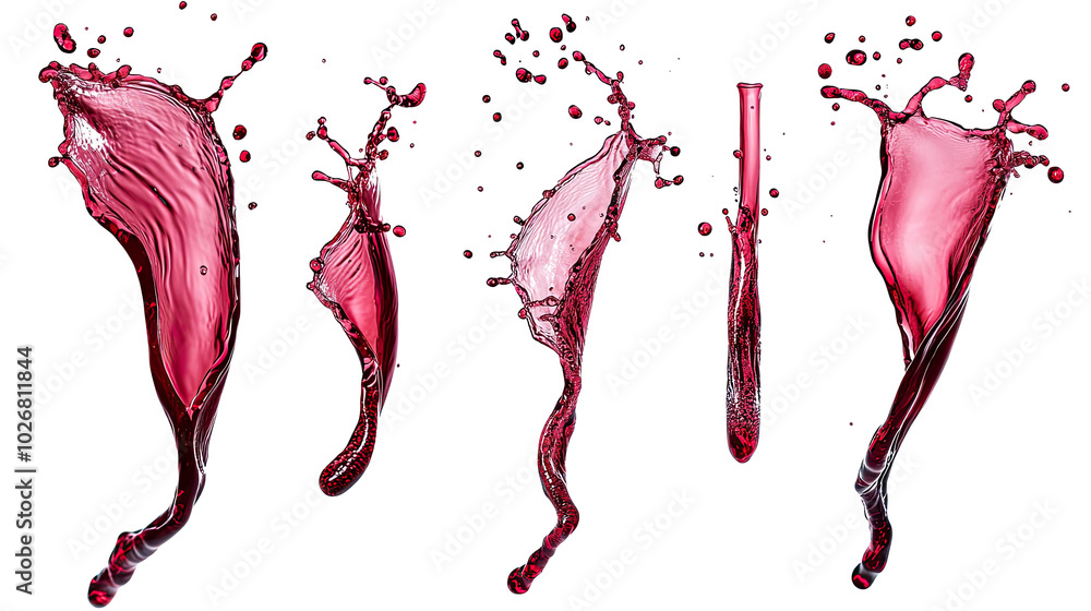 Poster dynamic splashes of red wine captured in various angles and shapes generative ai