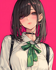 Cute Anime School Girl with Pink Background