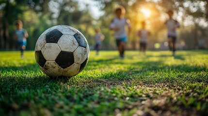 Fototapeta premium children running towards a football on a grassy field during training showcasing teamwork and physical activity