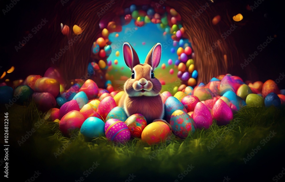 Poster a brown rabbit sits surrounded by colorful easter eggs in a grassy clearing. the rabbit is looking d