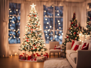 Beautiful holiday decorated room with Christmas tree and bright lights , out of focus shot for photo background. Blur christmas background.