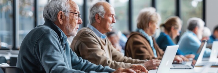Fototapeta premium A group of elderly people is engaged in a computer course, enhancing their digital skills on laptops and desktop computers. Generative AI