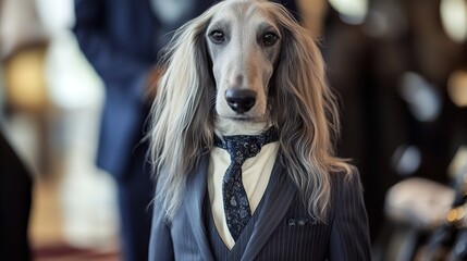 A fashionable Afghan Hound dressed in a sharp business suit, confidently attending a formal event. The elegant hound is standing tall, showcasing its signature long, flowing coat, now complemented y 