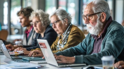 A group of seniors engages in computer courses, focused on learning and improving their digital skills with various devices. Generative AI