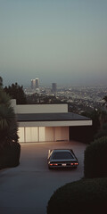 Foggy metropolis with skyscrapers and retro cars, captured in a film photography style that embodies minimalist aesthetics, mobile phone wallpaper, charm of urban life and nostalgic design