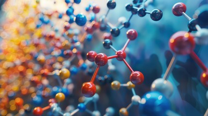 Close-up of a colorful molecular structure model with a blurred blue background, representing scientific concepts.
