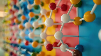 Close-up of a colorful molecular structure model with a blurred blue background, representing scientific concepts.