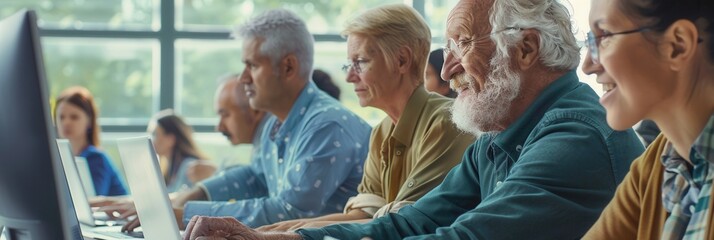 A group of elderly learners focuses on their laptops and desktop computers during a computer course at a community center. Generative AI
