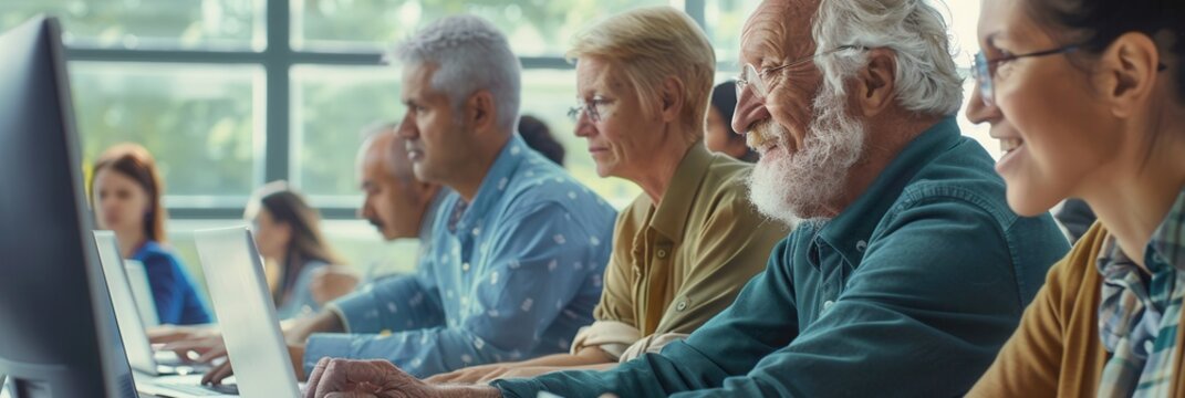 A group of elderly learners focuses on their laptops and desktop computers during a computer course at a community center. Generative AI