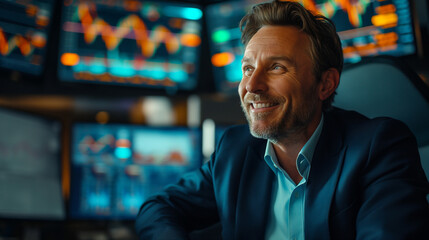 Fototapeta premium Excited businessman in dark blue suit reacts to rising stock charts with multiple screens in background, highlighting emotional response to stock market fluctuations and financial success.