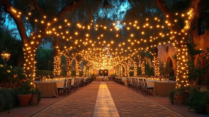 elegant charity event with guests dining under warm string lights fostering community and support