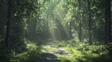 Obraz premium Serene Sunlight in Lush Green Forest Pathway
