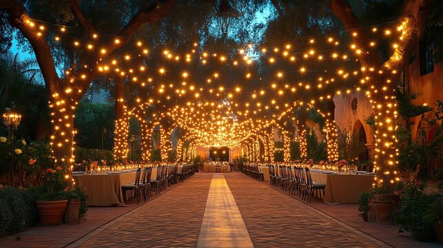 elegant charity event with guests dining under warm string lights fostering community and support