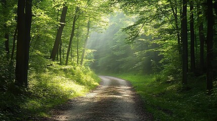 Obraz premium Serene Forest Pathway Bathed in Soft Green Light