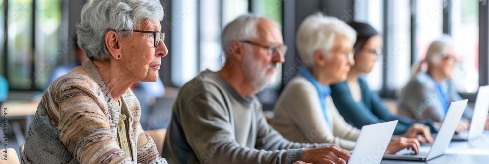 Poster a group of elderly participants focuses on their laptops, learning digital skills in a supportive cl