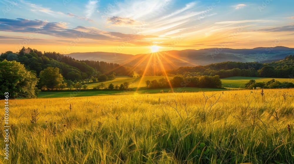 Poster Serene Sunrise Over Lush Green Fields and Hills