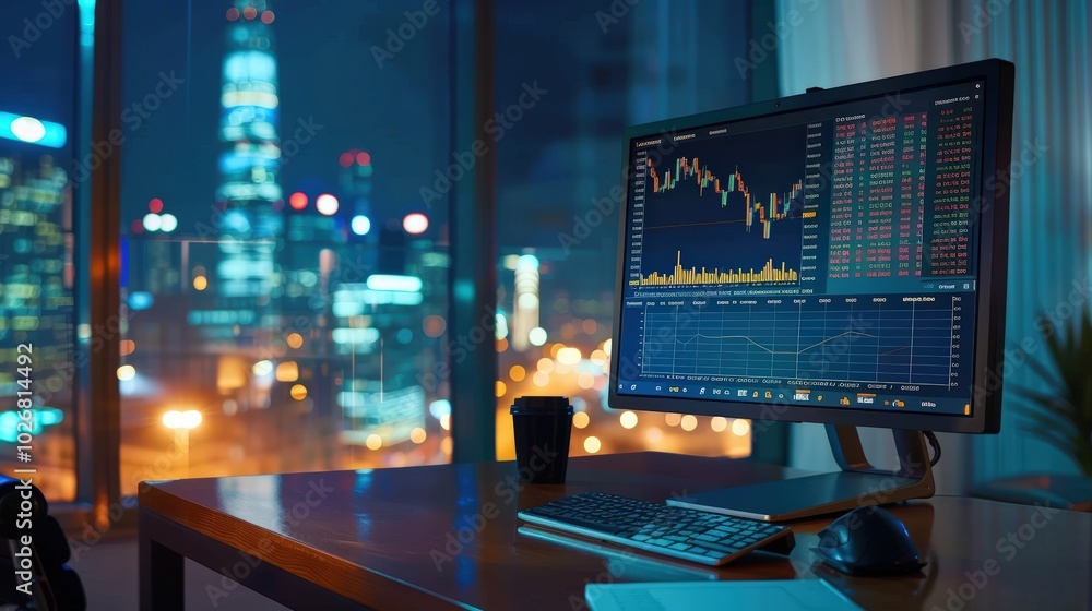 Poster modern computer monitor displaying financial and stock market data on screen in an office room
