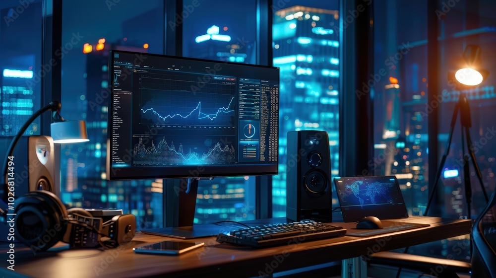 Poster modern computer monitor displaying financial and stock market data on screen in an office room