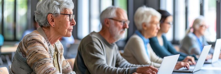 A group of elderly participants focuses on their laptops, learning digital skills in a supportive classroom environment. Generative AI