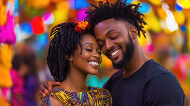 Joyful couple embracing in vibrant festival setting with colorful background