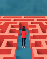 Woman navigating a colorful maze of possibilities