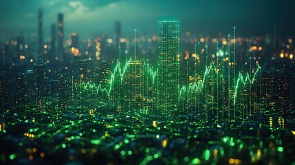 illustration of green buildings with a rising stock graph symbolizing green bonds and sustainable investing