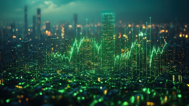 illustration of green buildings with a rising stock graph symbolizing green bonds and sustainable investing