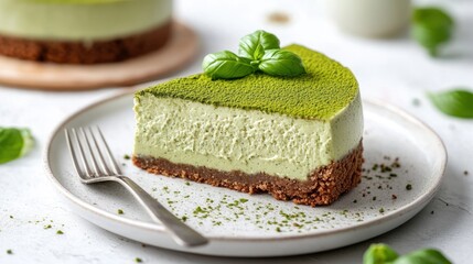 A piece of matcha cheese cake on a plate with basil leave on top on a light grey background.