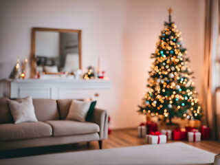 Beautiful holiday decorated room with Christmas tree and bright lights , out of focus shot for photo background. Blur christmas background