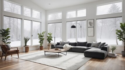 Two hairpin tables with fresh tulips standing in bright living room interior with potted plants, windows, corner couch and carpet on the floor