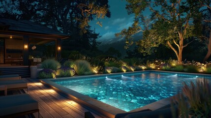Tranquil Nighttime Poolside Retreat with Illuminated Landscape