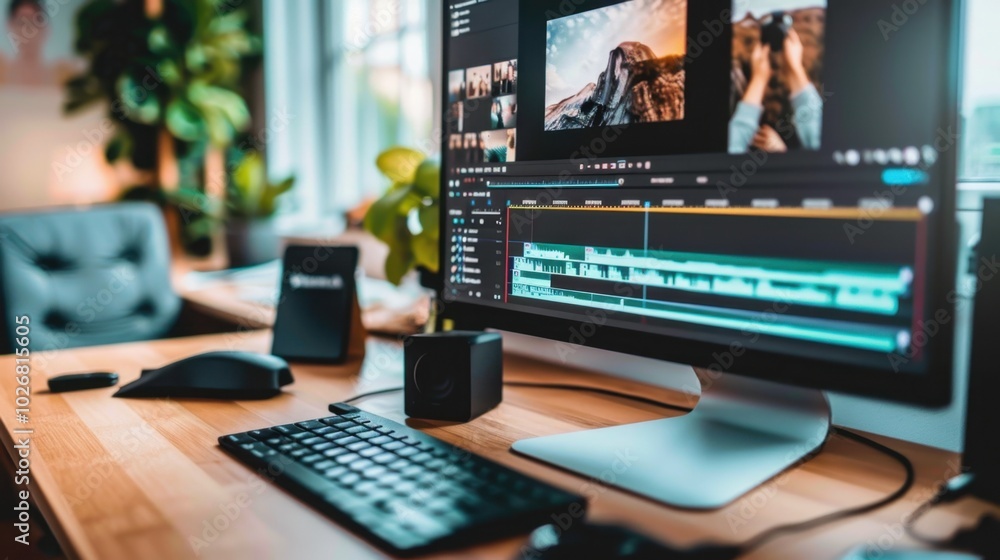 Poster editing workspace with computer and video software