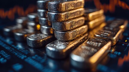 silver bars with a stock market graph in the background symbolize investment and market trends