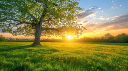 Obraz premium Serene Sunset Over a Majestic Tree in a Green Field