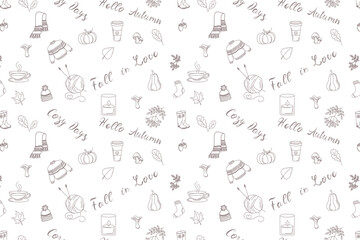 Hand drawn fall pattern Cozy Days, Hello Autumn, Fall in Love. Scarf, candle, rowan, tea, sweater, scarf with hat, ball of wool threads, leaves, acorns and mushrooms. Cozy fall collection.