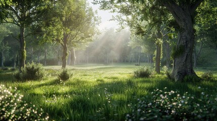 Serene Morning Light in Lush Green Forest