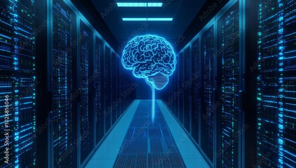 Poster a glowing blue brain hovers in the middle of a server room, representing artificial intelligence and