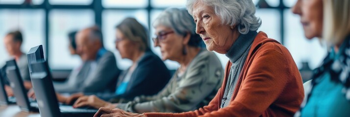 A group of elderly learners focuses on their laptops in a classroom, participating in computer courses to improve their skills. Generative AI