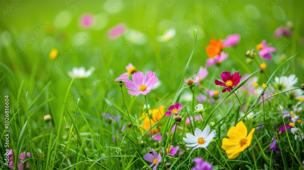 Wall mural Colorful Wildflowers in Lush Green Grass