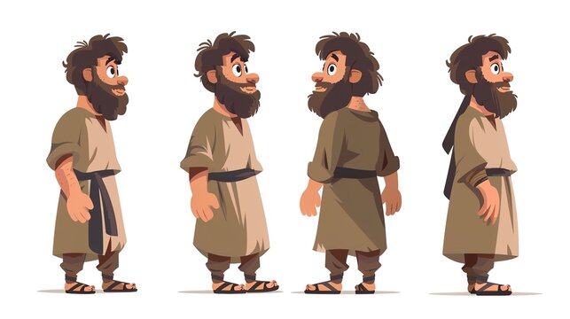 A charming cartoon character of an Arab villager, a bearded man, in a traditional outfit, depicted in full-body side view. This illustration captures the essence of a warm, friendly, 