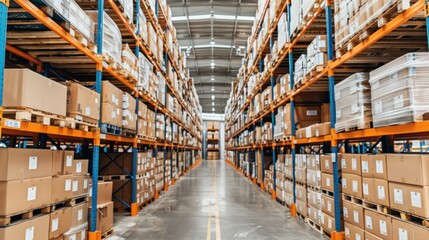 Rows of Cardboard Boxes Stacked on Orange Shelves in a Warehouse