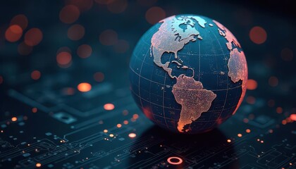 Digital Earth Globe on Circuit Board with Glowing Lights
